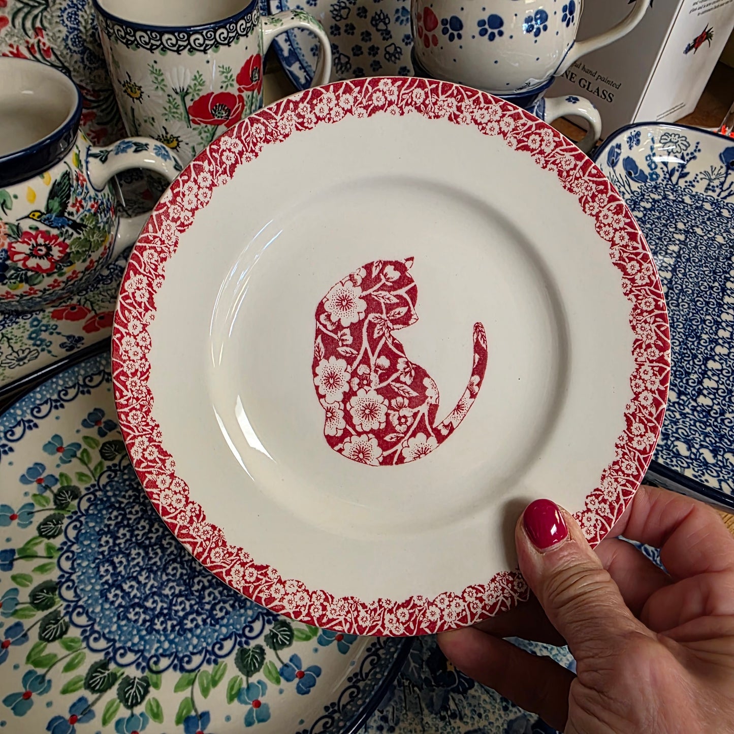 Burleigh ~ RED Plate 6.75"  Calico Cat  *** NOT Polish Pottery