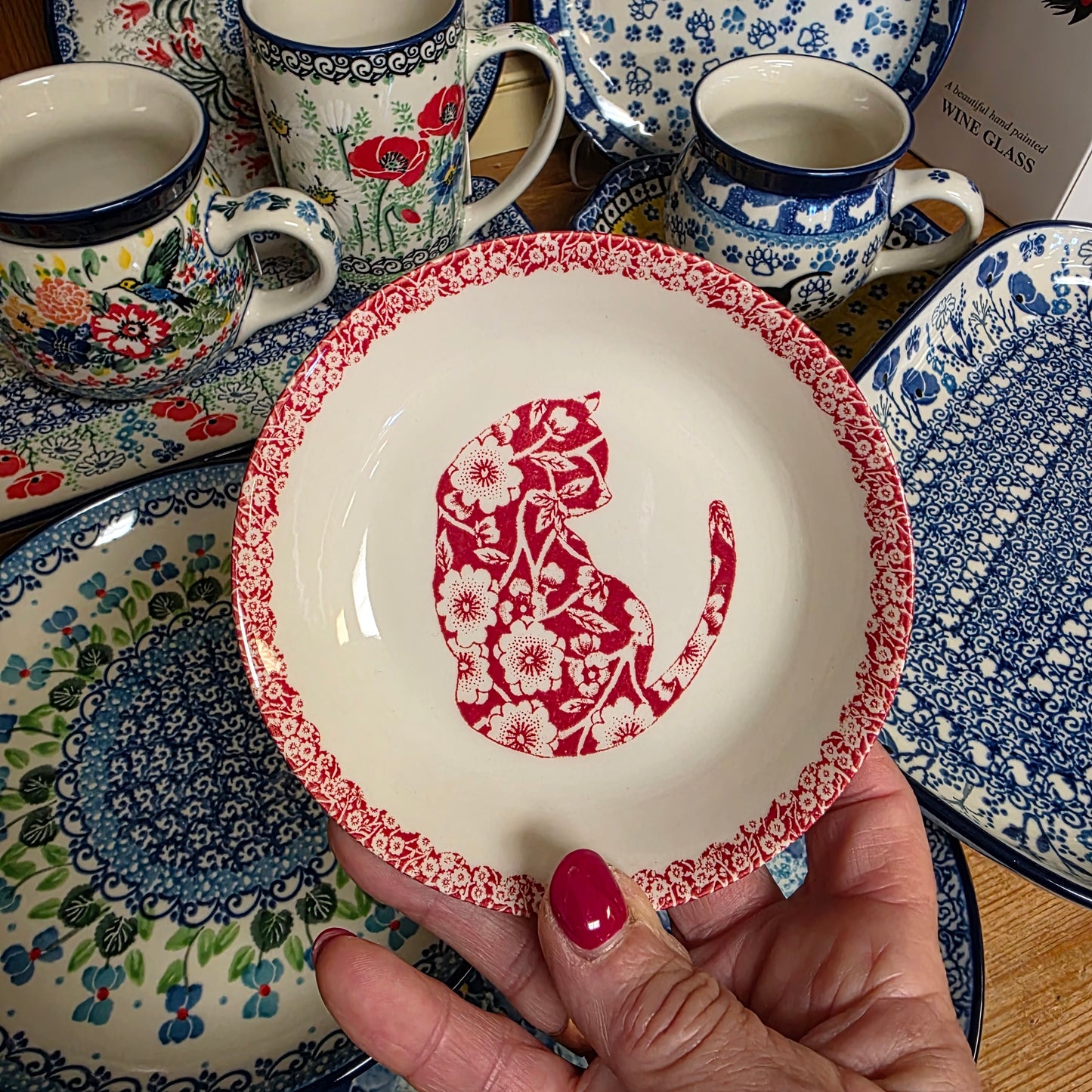 Burleigh ~ RED Butter Pat Calico Cat ~ shallow bowl  *** NOT Polish Pottery