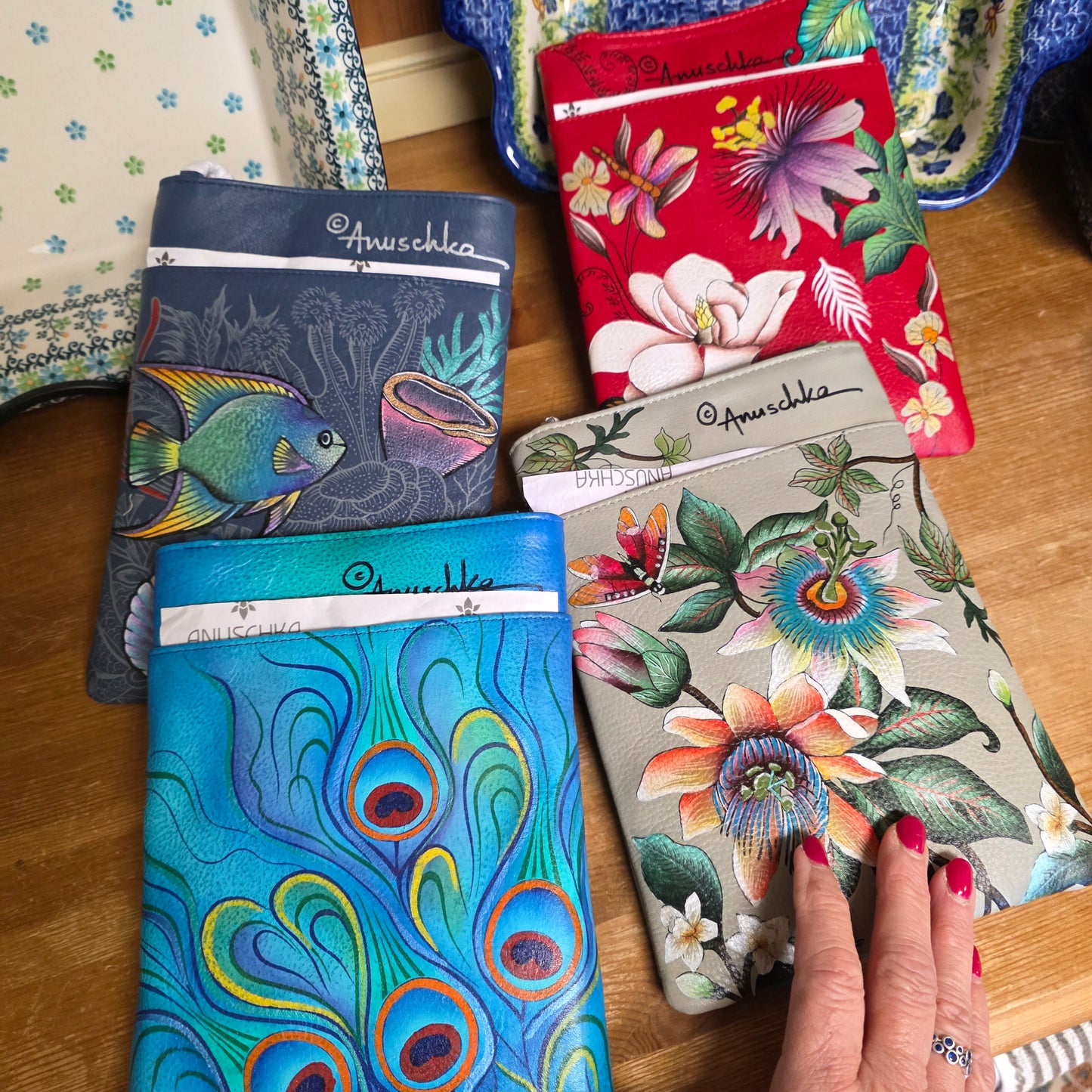 Anuschka ~ Crossbody Red / Dragonfly Double Zip Travel bag