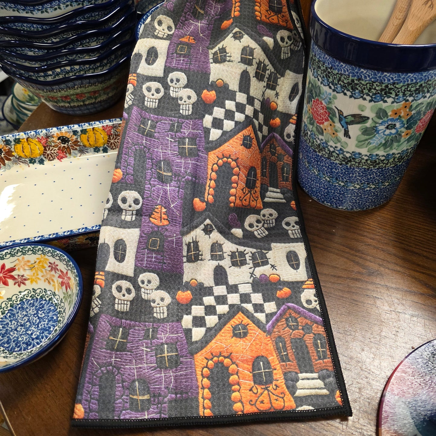 Towel / Poly !  Frightville: Double-Sided Hand Towel: Black / 17x27 in / haunted house purple