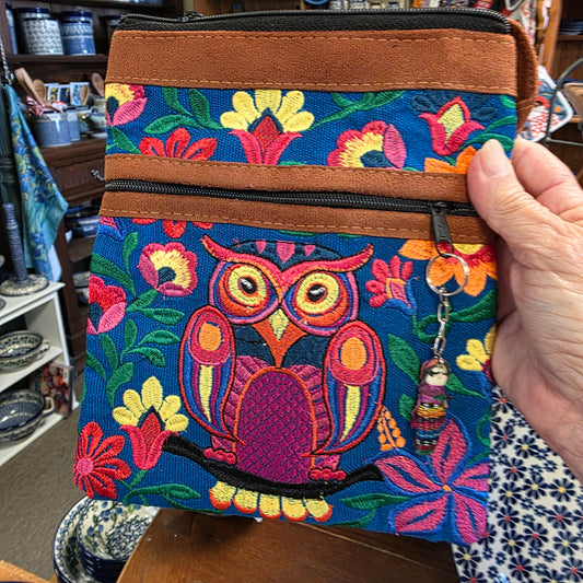 Embroidered Owl Teal ~  Faux Leather Crossbody Purse