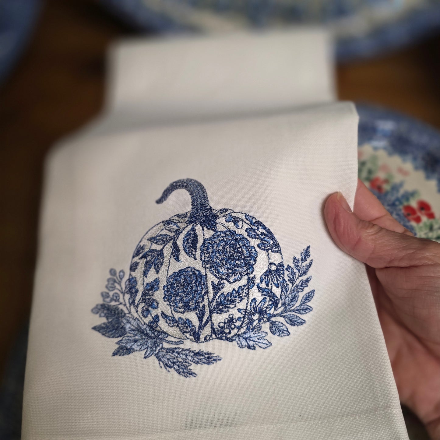 Towel ~ Delf Royal Blue Fall Pumpkin Tea Towel