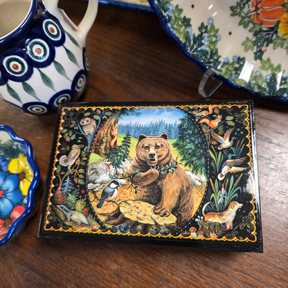 Box Bear and Wildlife Lacquer Trinket Box ~ Made in Serbia