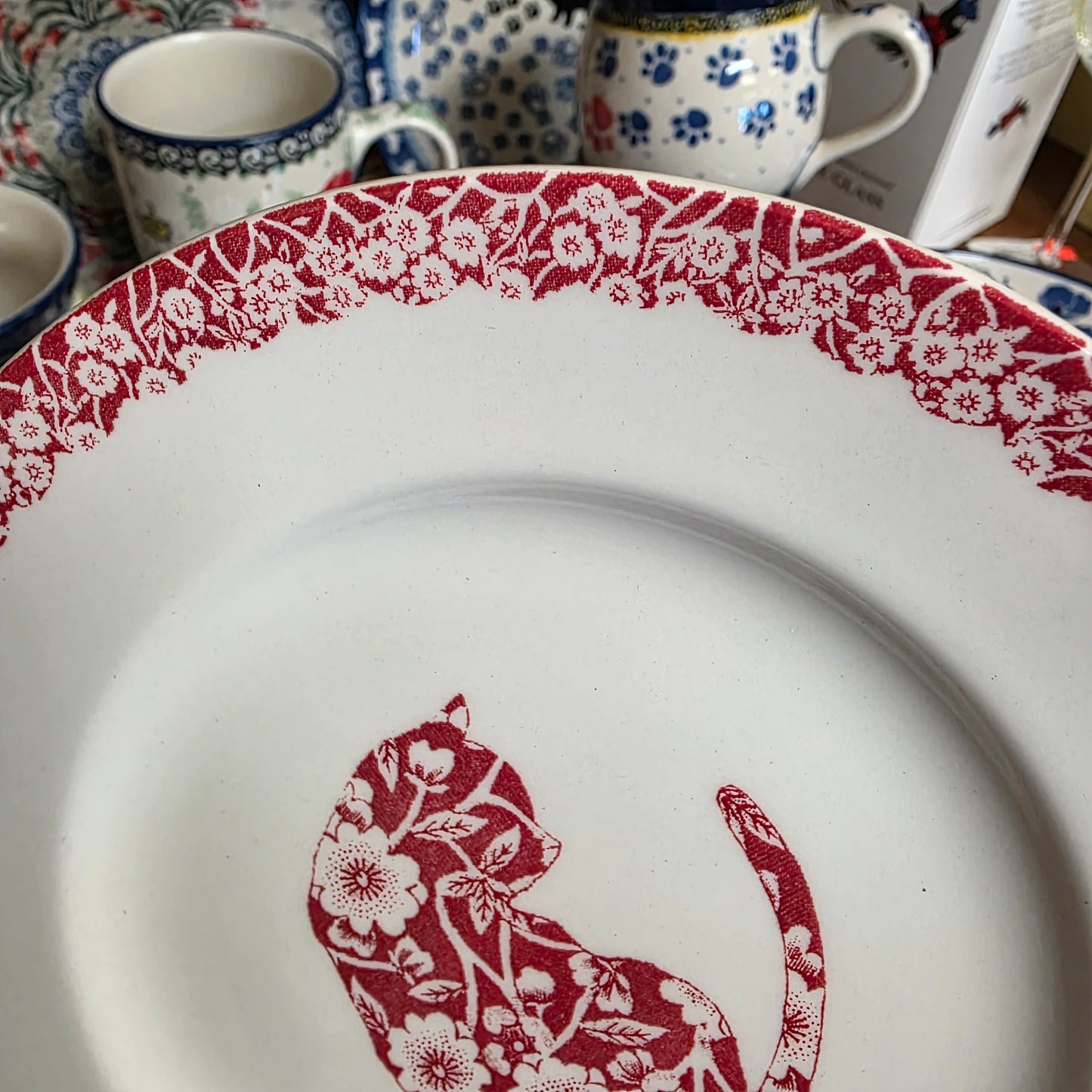 Burleigh ~ RED Plate 6.75"  Calico Cat  *** NOT Polish Pottery