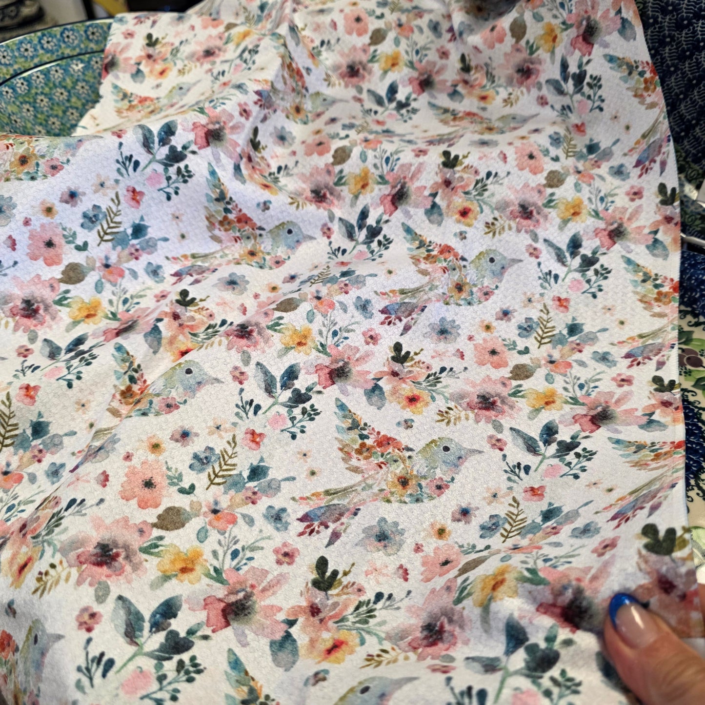 Towel /poly ~ Floral Hummingbird Waffle Dish Towel