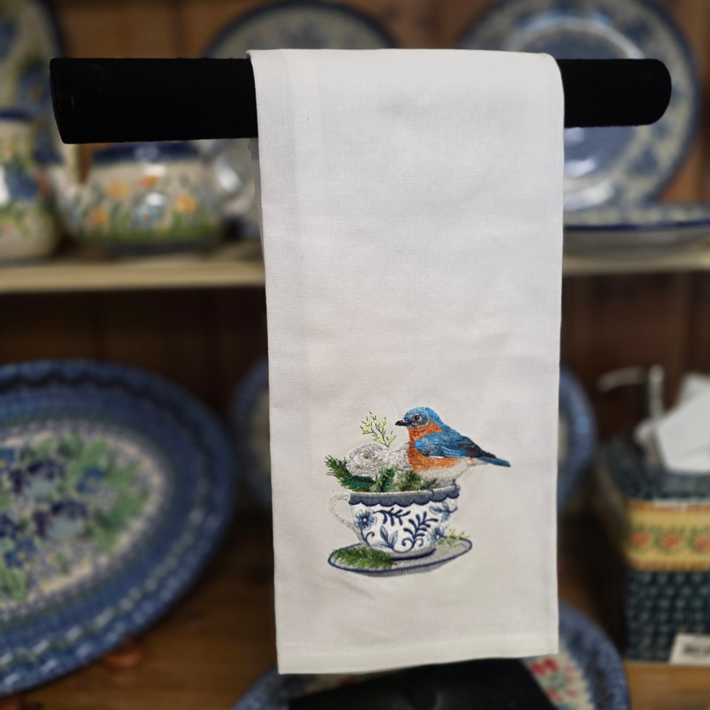 Towel ~ Bluebird and Flowers Teacup Kitchen Towel