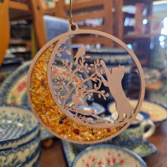 Ornament ~ Moon and Cat Amber Suncatcher / Magnet (4")