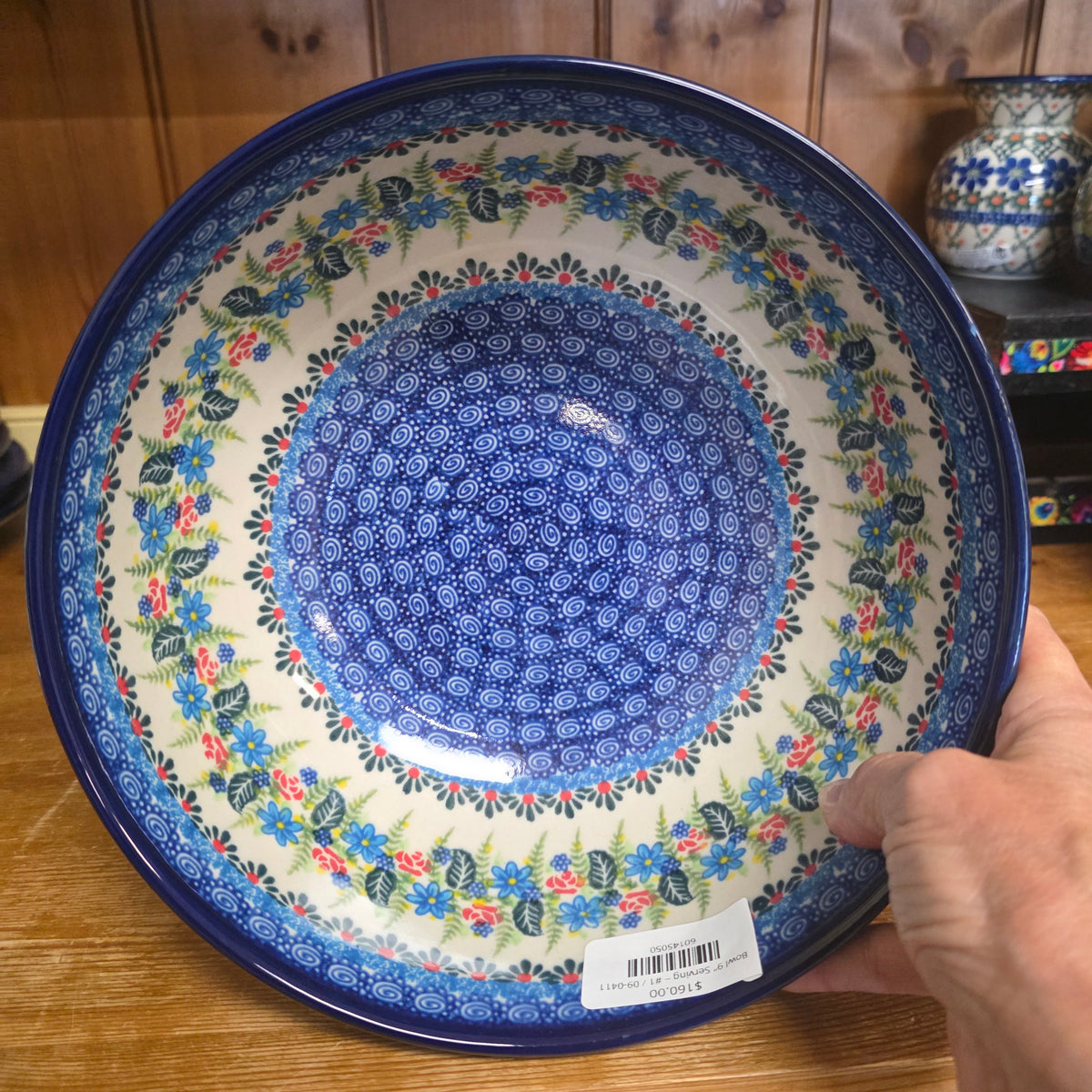 Bowl 9" Serving ~ #1 423 blue  (3 3/4 "deep) this bowl has a raised edge