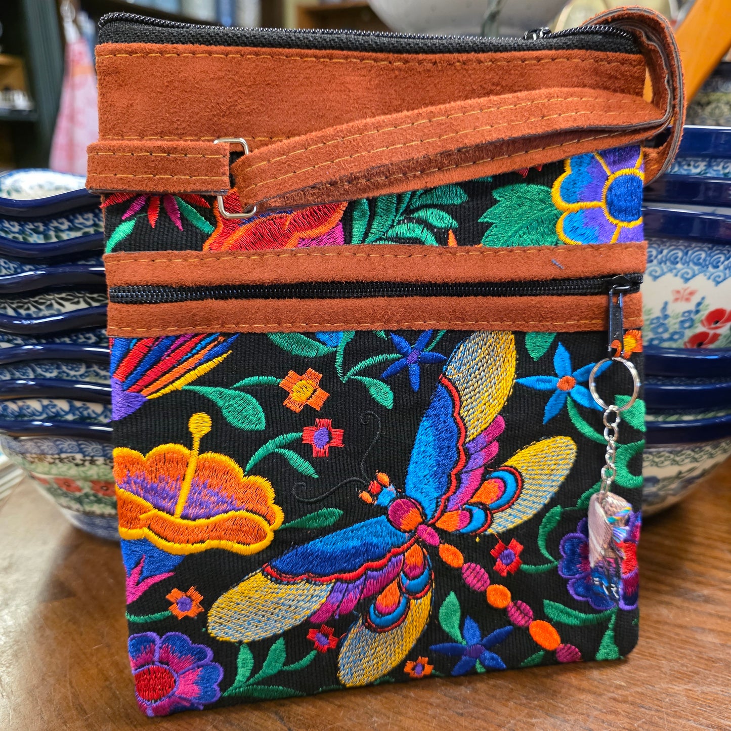 Embroidered Dragonfly Black #1 ~  Faux Leather Crossbody Purse