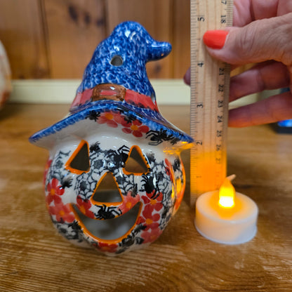 Pumpkin Wizard #1 Jack o lantern blue hat luminary / 5“ H. Jack o lantern