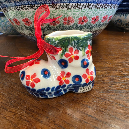 Ornament ~ Boot red flowers blue circles