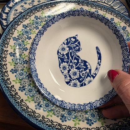 Burleigh ~ BLUE Butter Pat Calico Cat ~ Shallow bowl  *** NOT Polish Pottery
