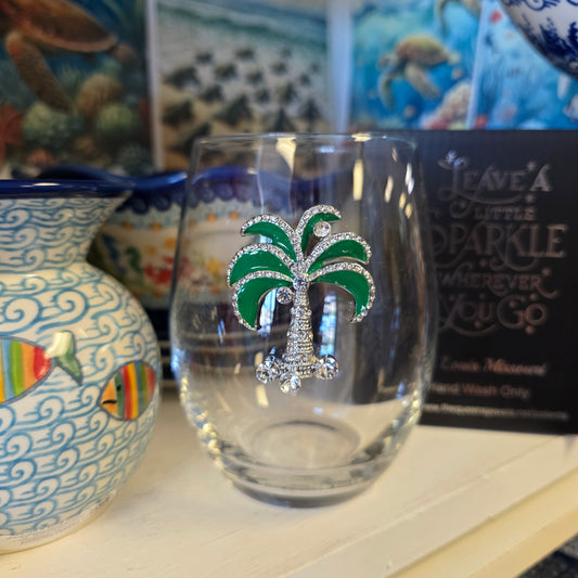 Wine Glass Green Diamond Palm Tree Jeweled Stemless