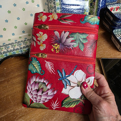 Anuschka ~ Crossbody Red / Dragonfly Double Zip Travel bag