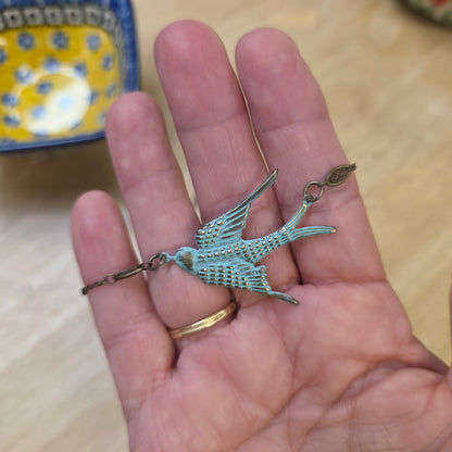 Jewelry Brass Necklace Swooping Swallow Patina in Turquoise