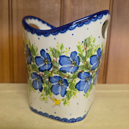 Basket ART2 /1166 Yellow Bird Utensil Holder / UNIKAT blue flowers (6.5" H x 5.5"w)