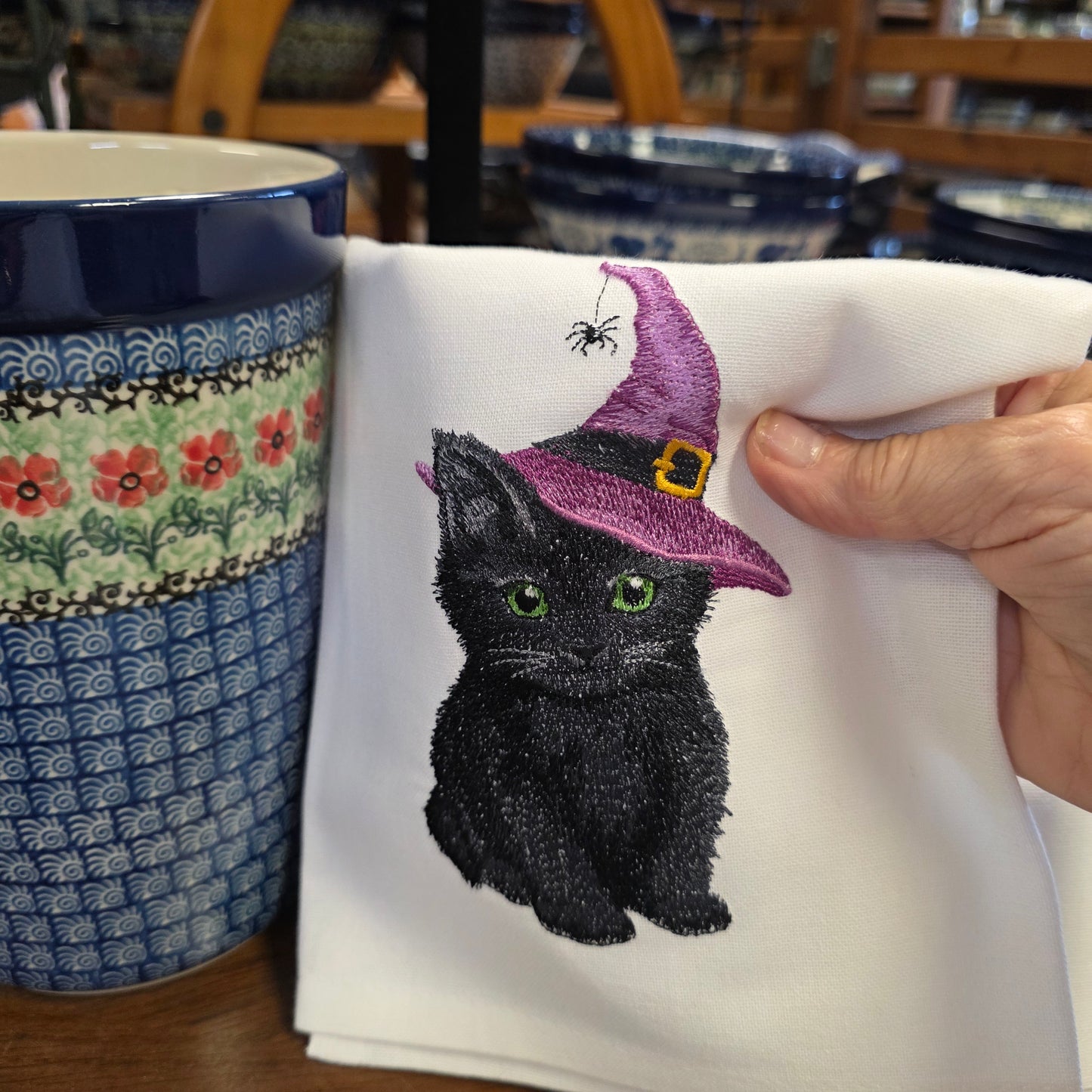 Towel ~ Cat Witch Embroidery Tea Towel - Halloween Kitchen Towe