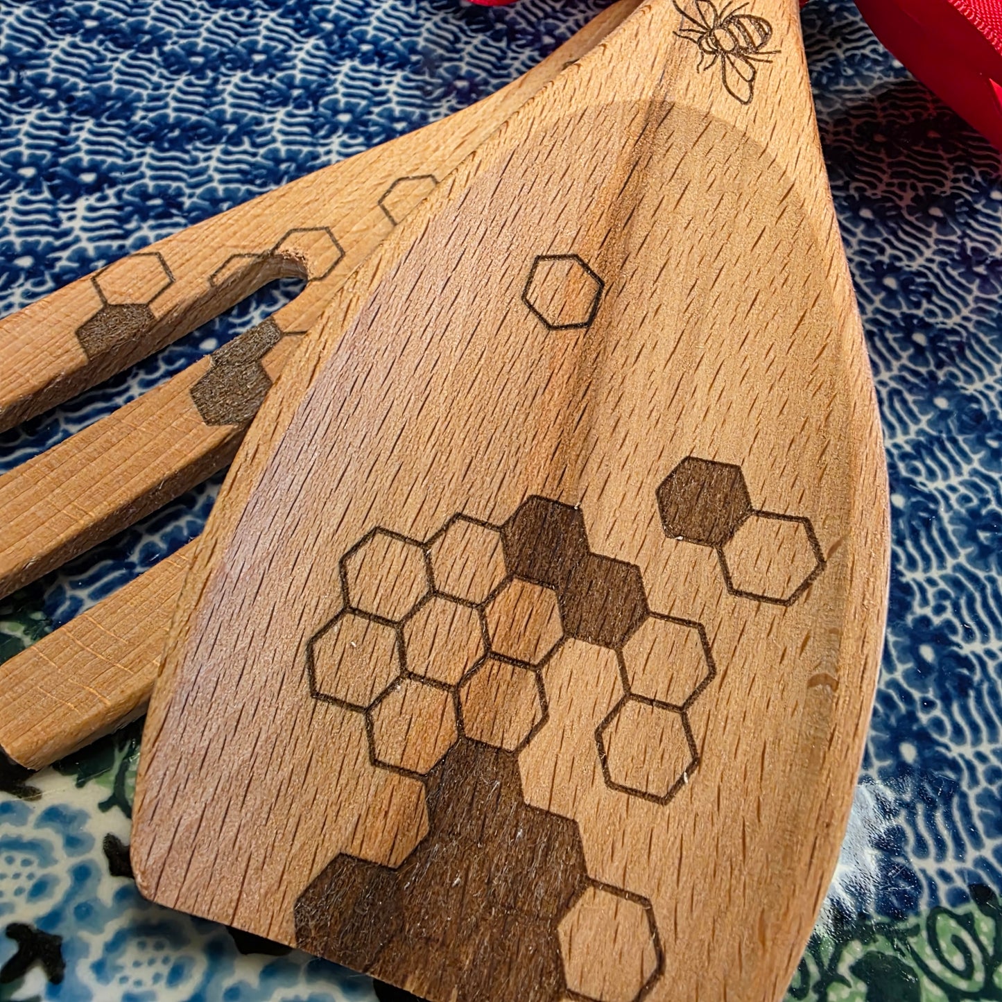 Wood 2 Pc Honey Bee set ~ Spoon (flat) & Fork Salad Serving