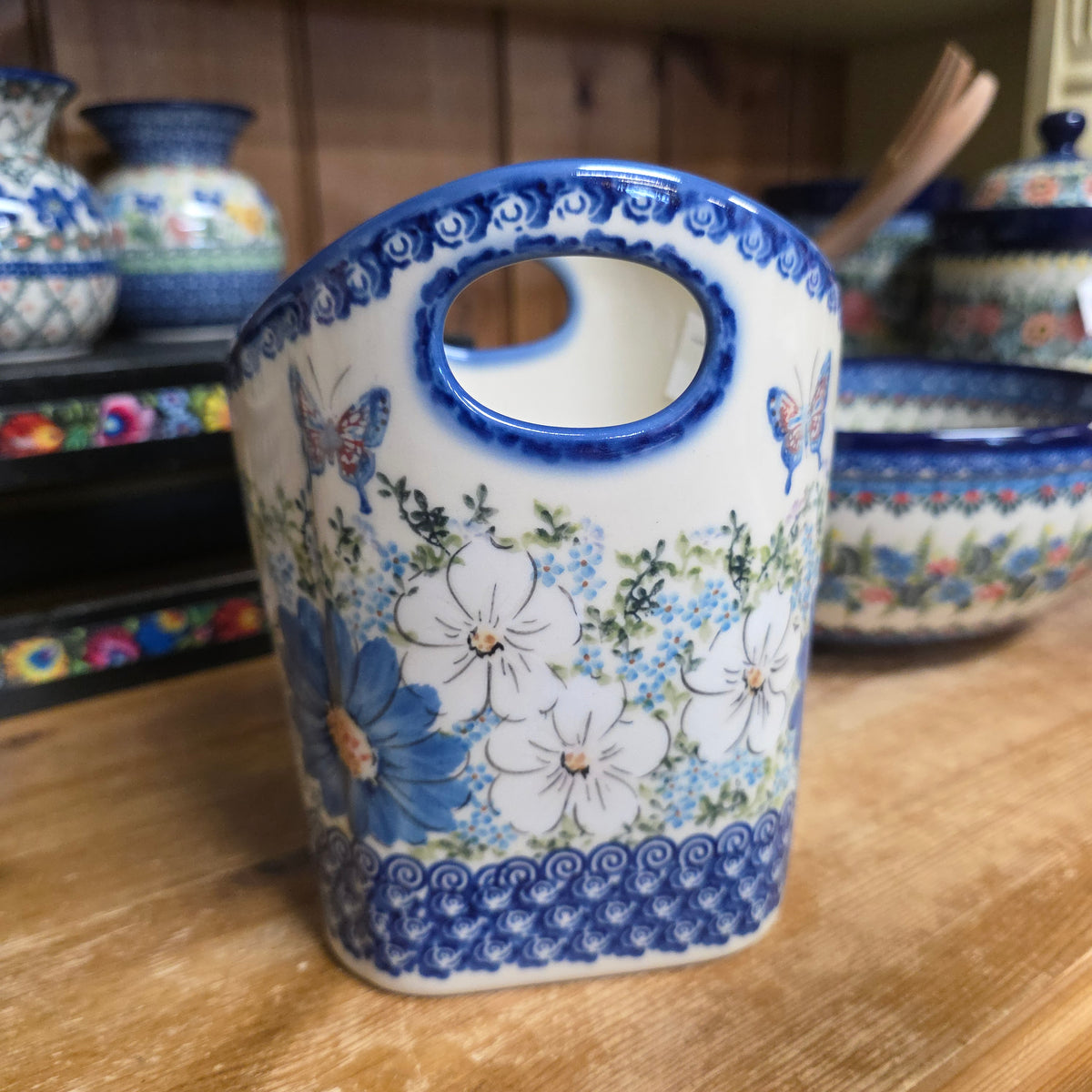 Basket ART2 / #2  Utensil Holder /. UNIKAT butterfly blue flowers (6.5" H x 5.5"w)