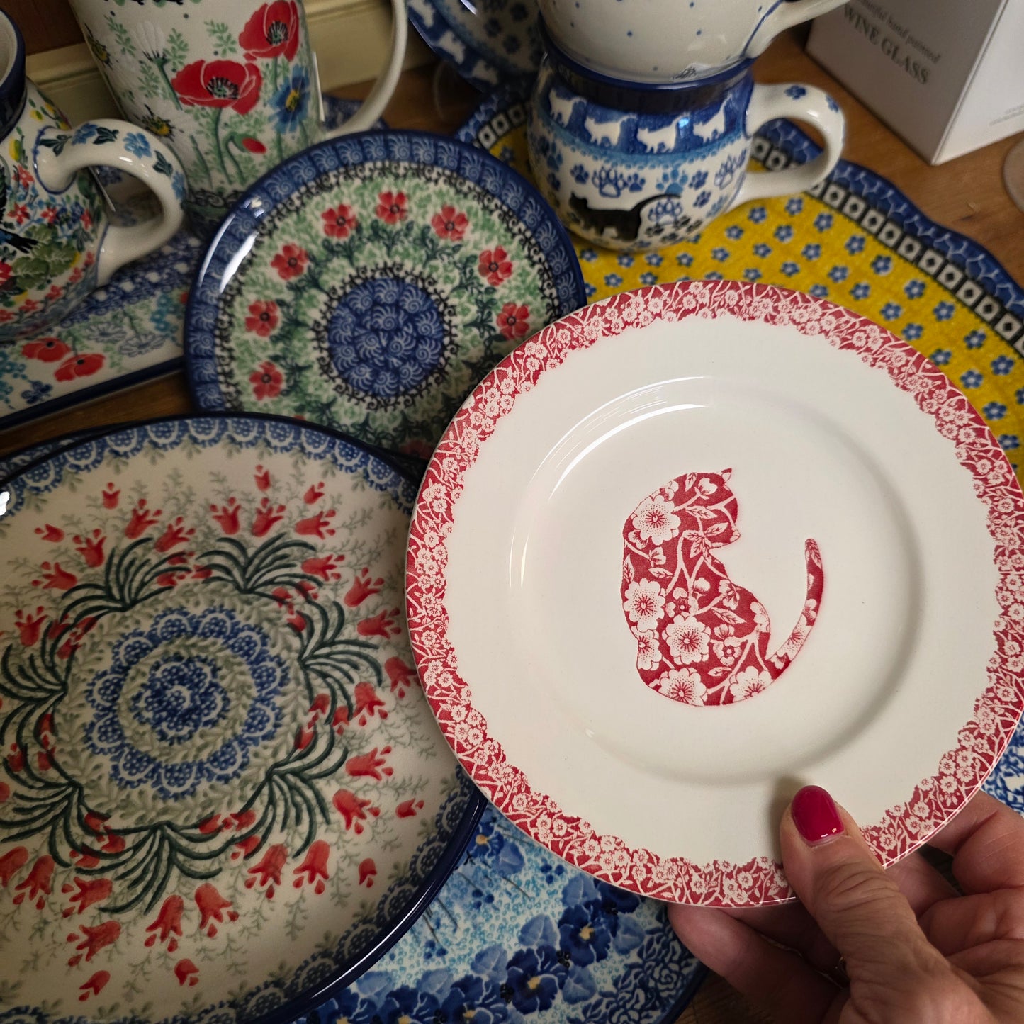 Burleigh ~ RED Plate 6.75"  Calico Cat  *** NOT Polish Pottery