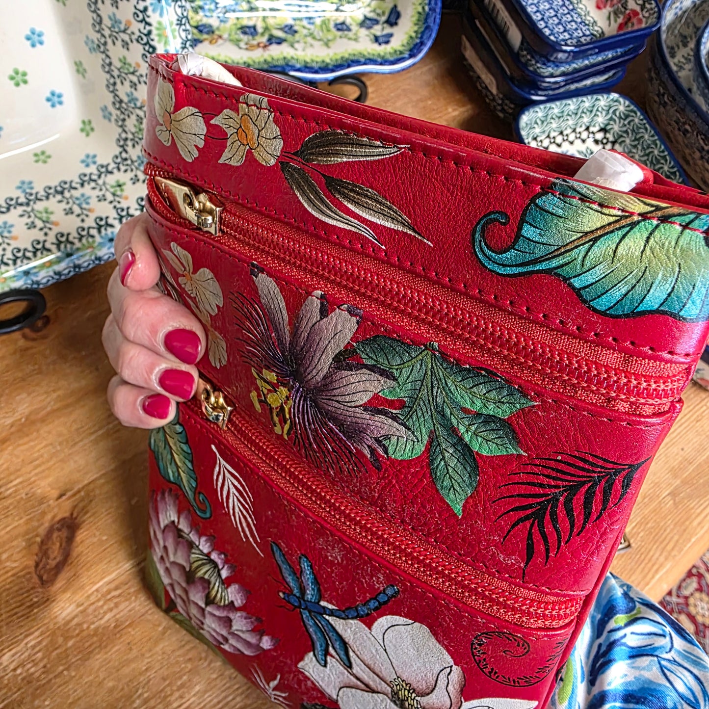 Anuschka ~ Crossbody Red / Dragonfly Double Zip Travel bag