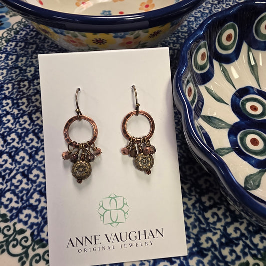 Jewelry ~ Earrings Mauve Czech Glass, Antique Copper Circles, Antique Brass Flower Simple Earrings