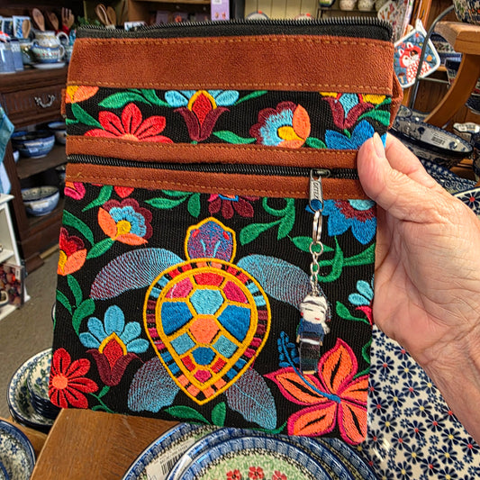 Embroidered Turtle Black  ~  Faux Leather Crossbody Purse