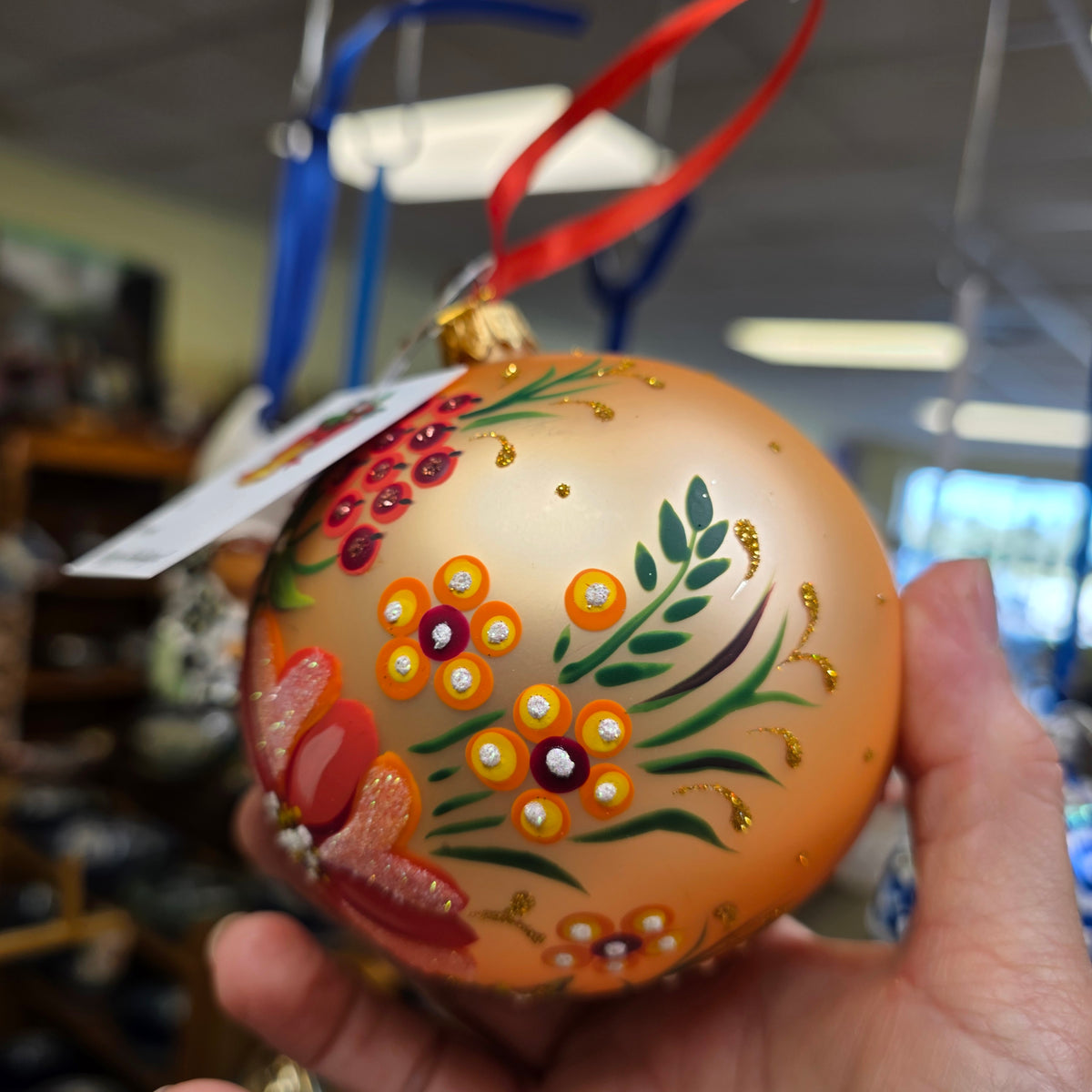 Ornament ~ Glass Ball Orange Helenium Flowers / 4"