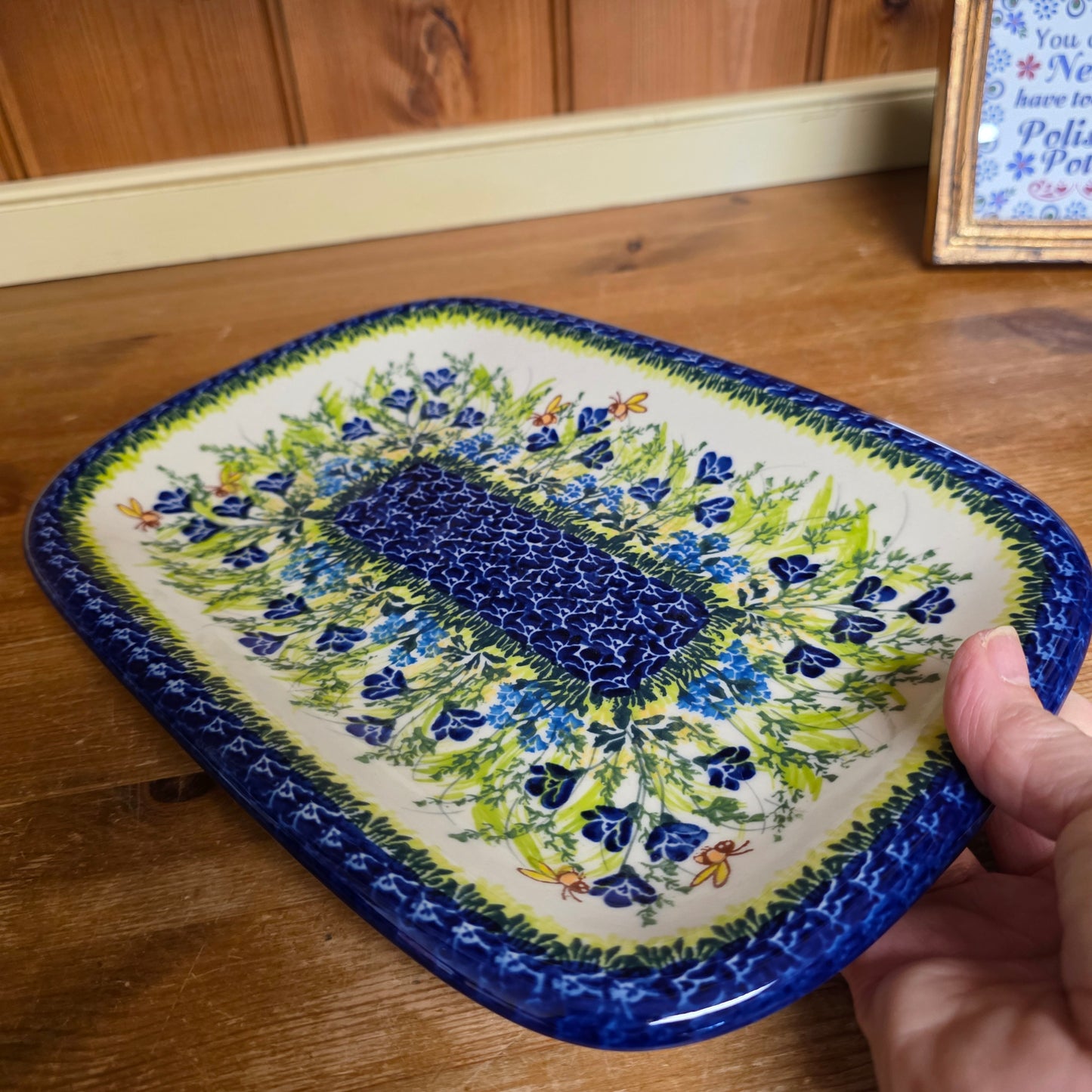 Platter 11"x8" Rectangular Bees blue