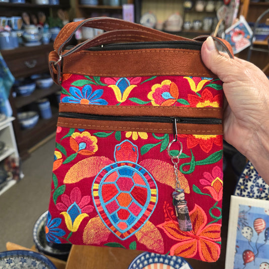 Embroidered Turtle Red ~  Faux Leather Crossbody Purse