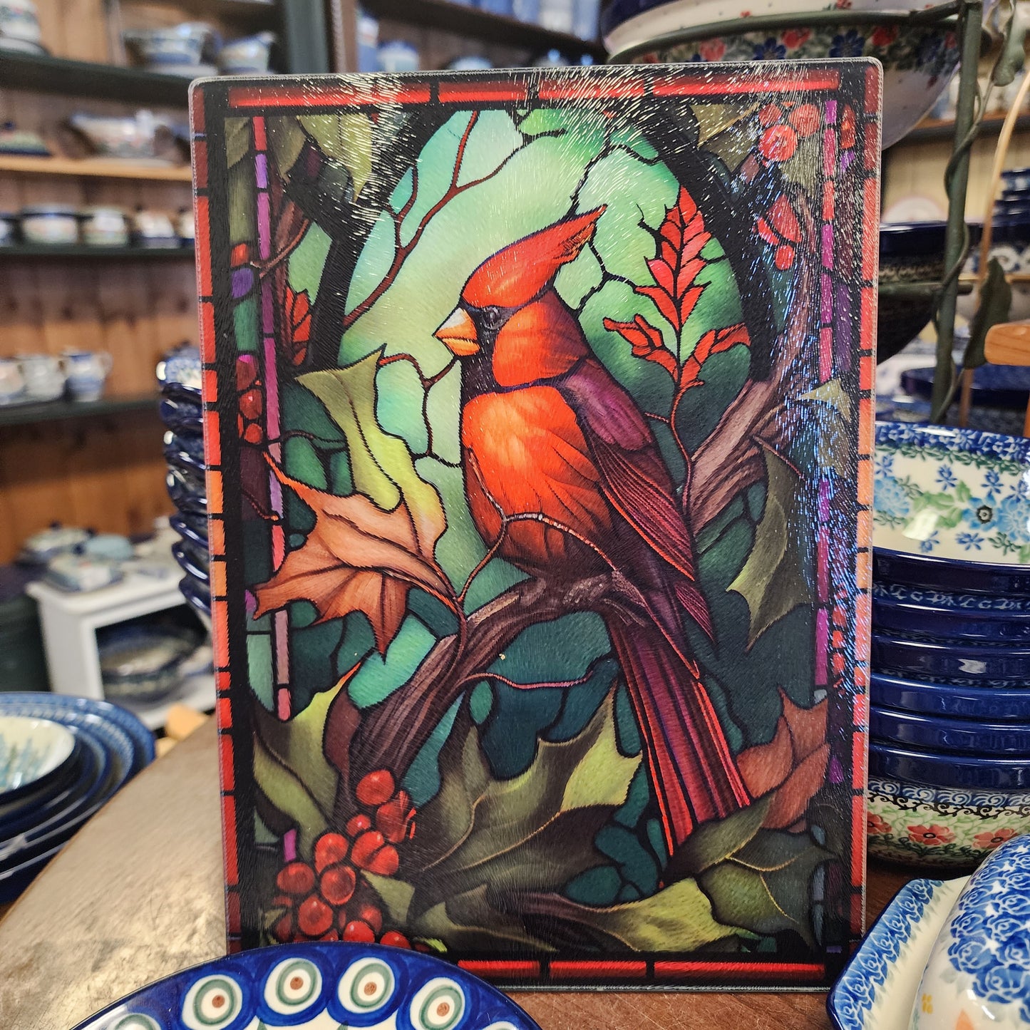 Cutting Board: Cardinals framed in red 8 x 11 Inch   Tempered Glass