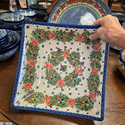 Bowl ~ Square 11" Cardinal and Poinsettia XL