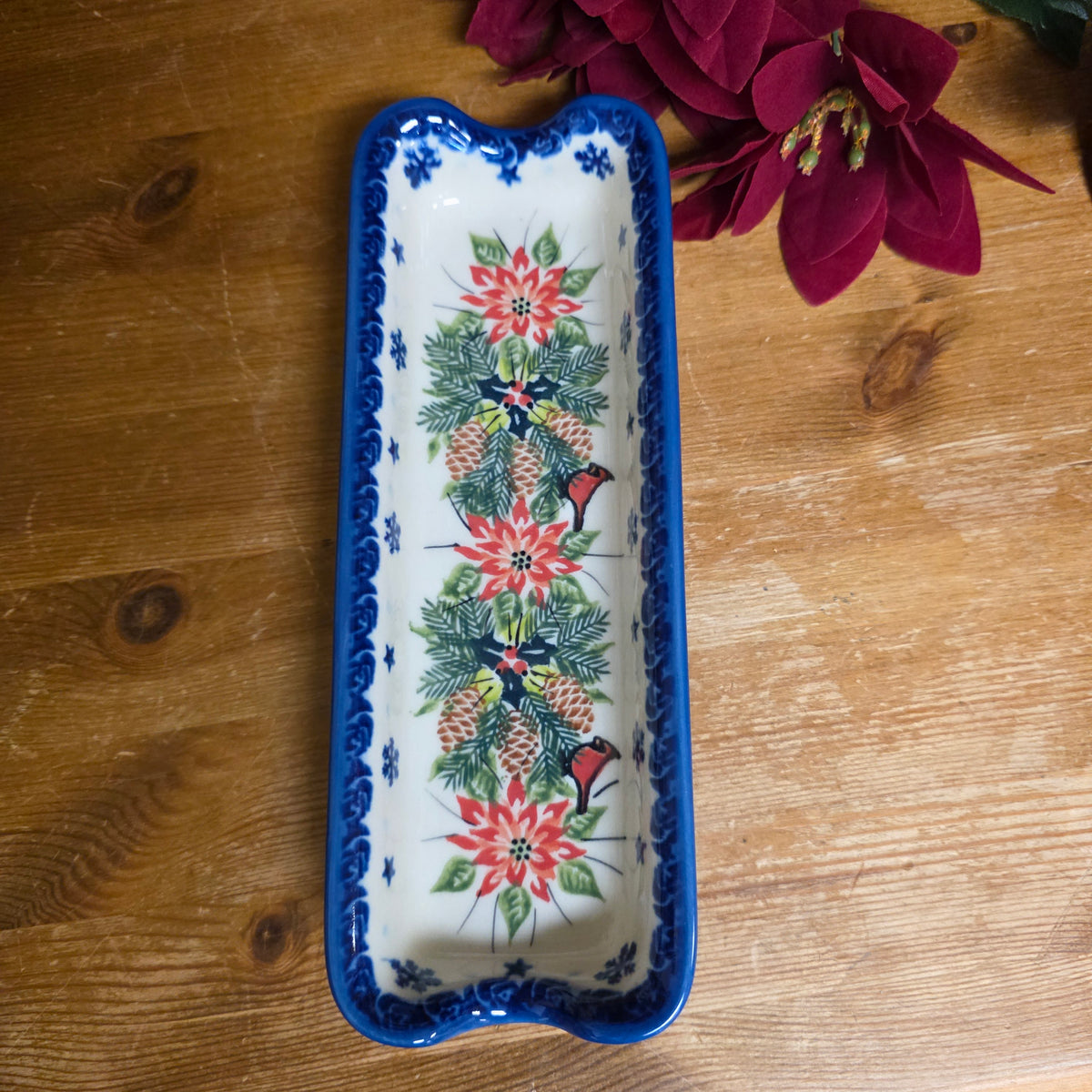 Corn Holder Poinsettia and Cardinals (9") cracker tray