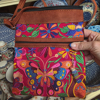 Embroidered Butterfly Red ~  Faux Leather Crossbody Purse