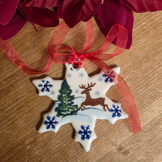 Ornament ~ Snowflake flat 2.5". reindeer