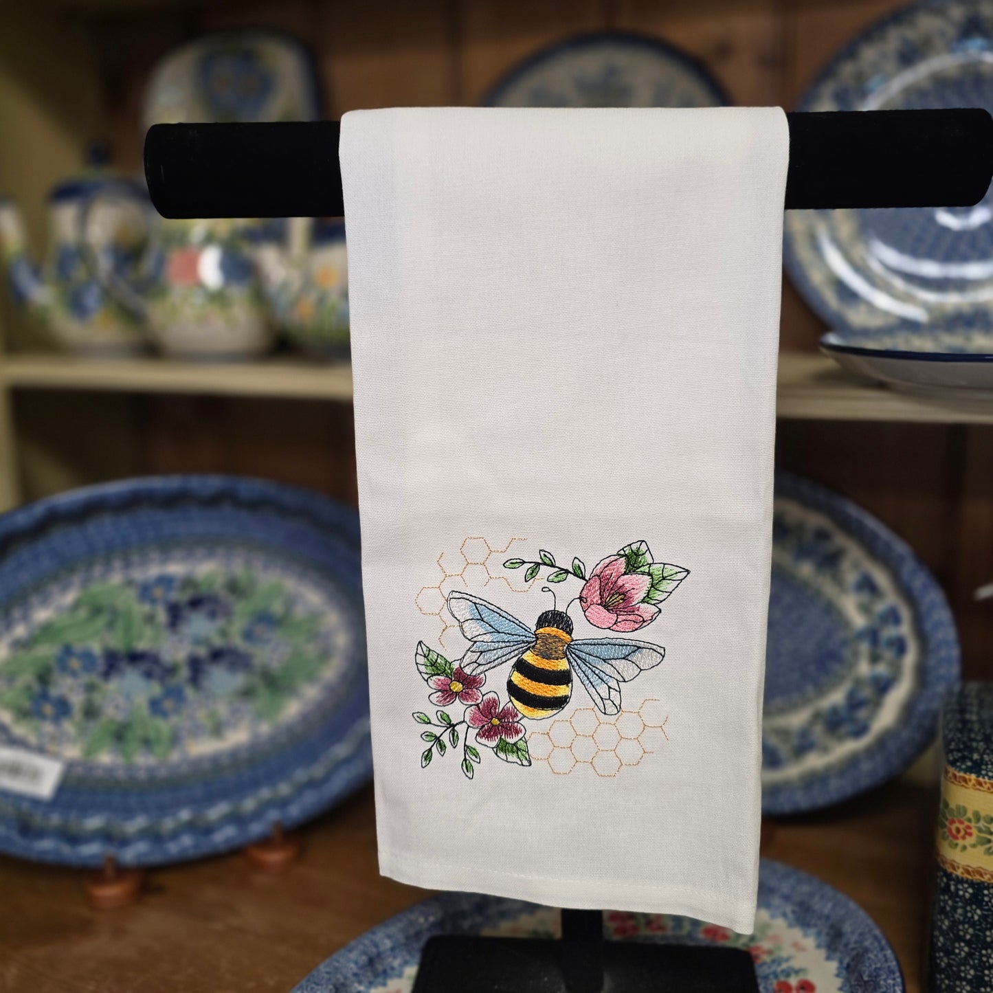 Towel ~ Bee among the flowers embroidered tea towel