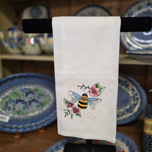 Towel ~ Bee among the flowers embroidered tea towel
