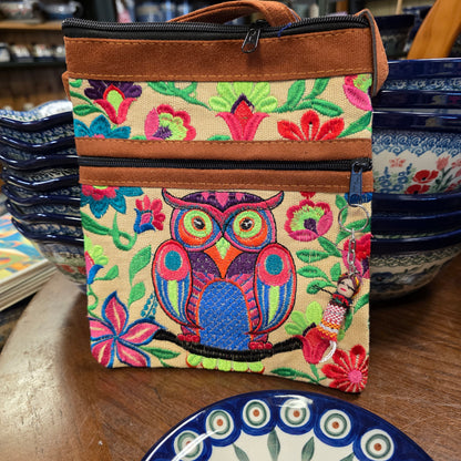 Embroidered Owl cream ~  Faux Leather Crossbody Purse