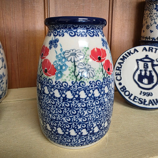 Vase   Milk Bottle Shape   5"H 196-2901X  Red Poppy Garden pf0526