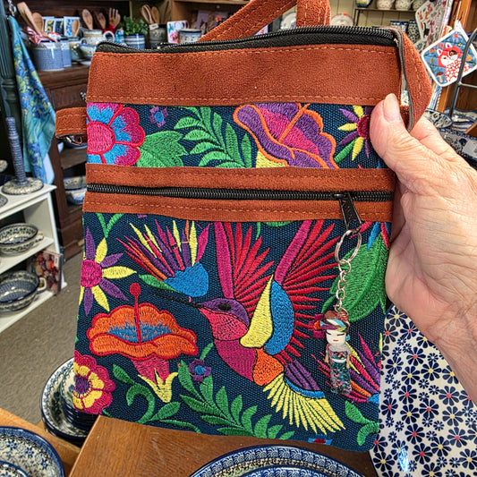 Embroidered Hummingbird Dark Green blueish ~  Faux Leather Crossbody Purse