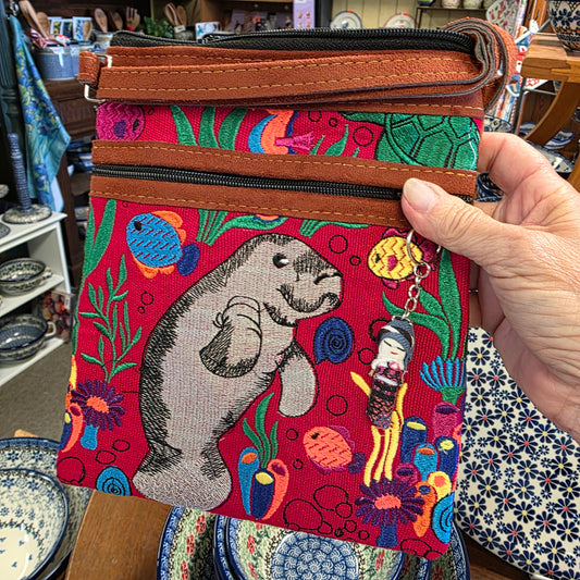 Embroidered Manatee Red  ~  Faux Leather Crossbody Purse
