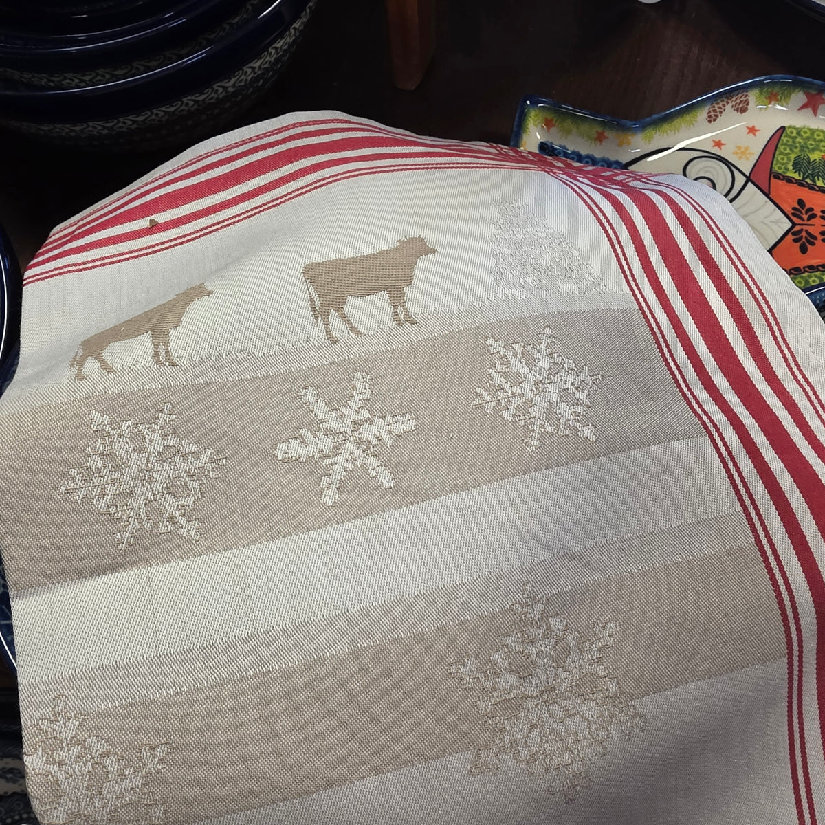 Tea Towel Winter flakes and cows and reindeer