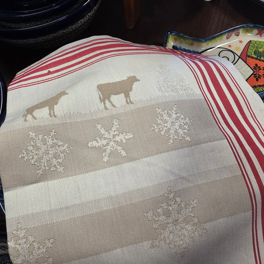 Tea Towel Winter flakes and cows and reindeer
