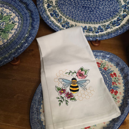 Towel ~ Bee among the flowers embroidered tea towel