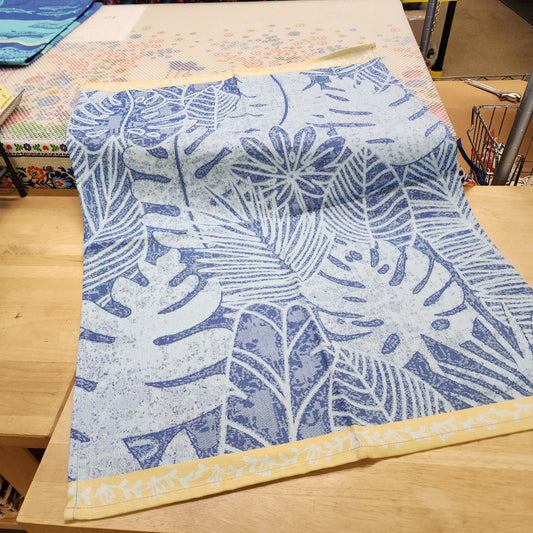 Tea Towel Blue Leaves 20" x 28" European Tea Towel yellow border