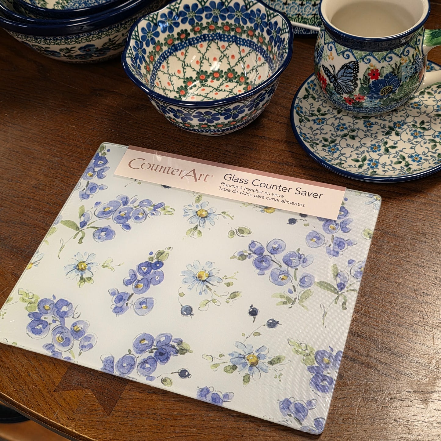 Cutting Board Blues/ Counter Saver Glass 8" x 10". **Not Polish Pottery