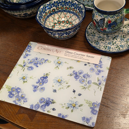 Cutting Board Blues/ Counter Saver Glass 8" x 10". **Not Polish Pottery