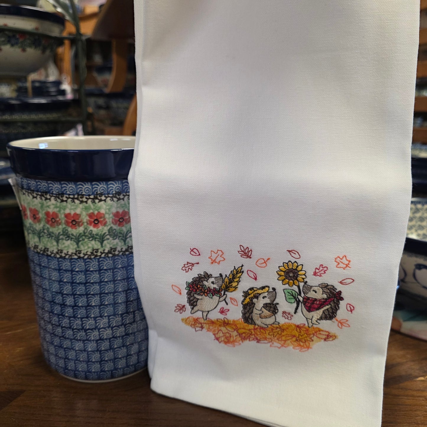 Towel ~ Hedgehog Embroidery tea Towel  Whimsical Autumn Fun