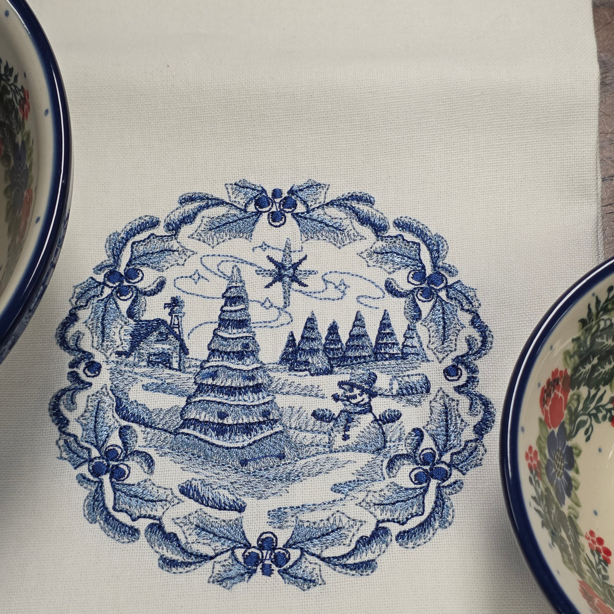 Towel ~ Christmas Scene with Trees and Snowman Tea Towel with Embroidered Detail