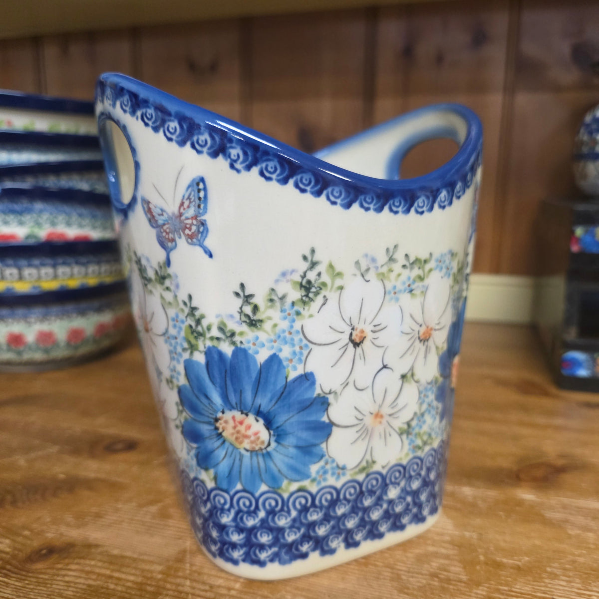 Basket ART2 / #2  Utensil Holder /. UNIKAT butterfly blue flowers (6.5" H x 5.5"w)